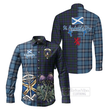 Tartan Vibes Clothing Sempill (Semple) Tartan Long Sleeve Button Shirt Happy St. Andrew's Day Half Tartan Style