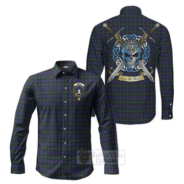 Tartan Vibes Clothing Sempill (Semple) Tartan Long Sleeve Button Shirt with Family Crest Celtic Skull Style