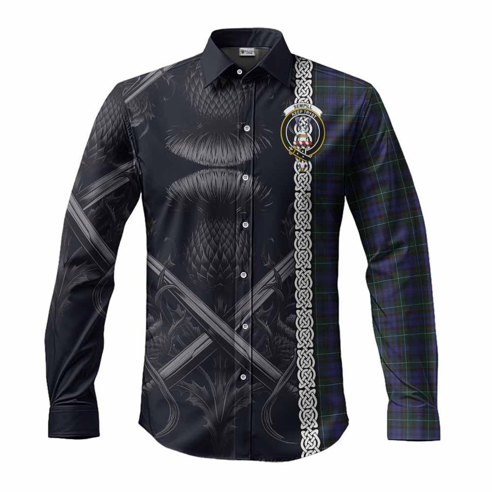 Tartan Vibes Clothing Sempill (Semple) Tartan Long Sleeve Button Shirt with Family Crest Cross Sword Thistle Celtic Vibes