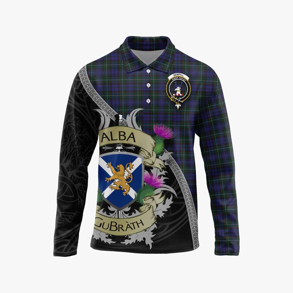 Tartan Vibes Clothing Sempill (Semple) Tartan Family Crest Long Sleeve Polo Shirt Lion Rampant Royal Thistle Shield Celtic Inspired