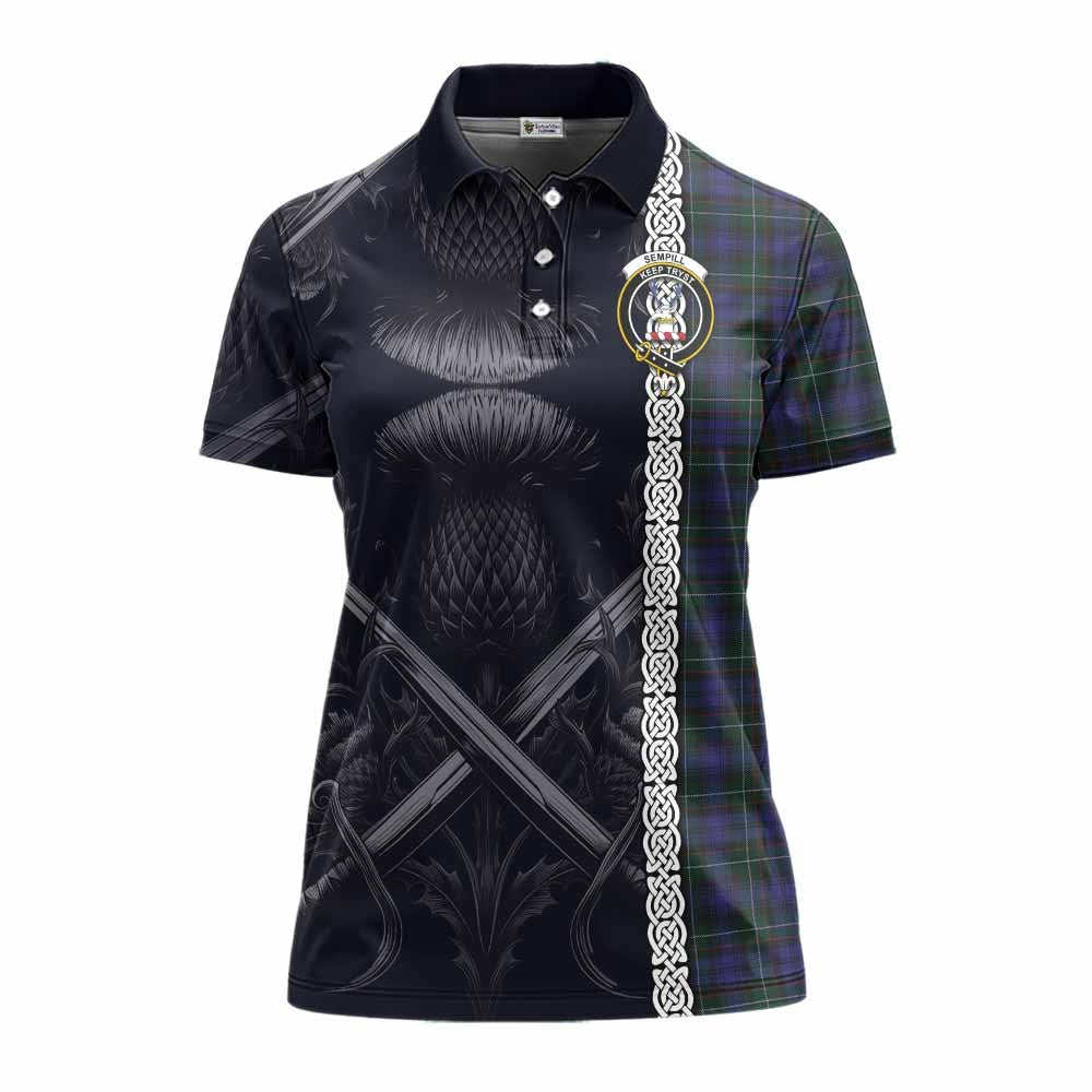 Tartan Vibes Clothing Sempill (Semple) Tartan Women's Polo Shirt with Family Crest Cross Sword Thistle Celtic Vibes