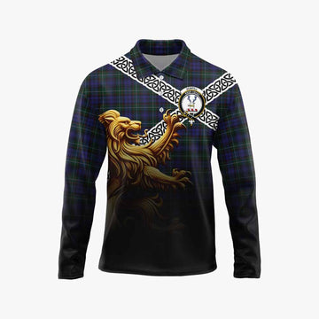 Sempill (Semple) Crest Tartan Long Sleeve Polo Shirt with Golden Lion Emblem Celtic Style
