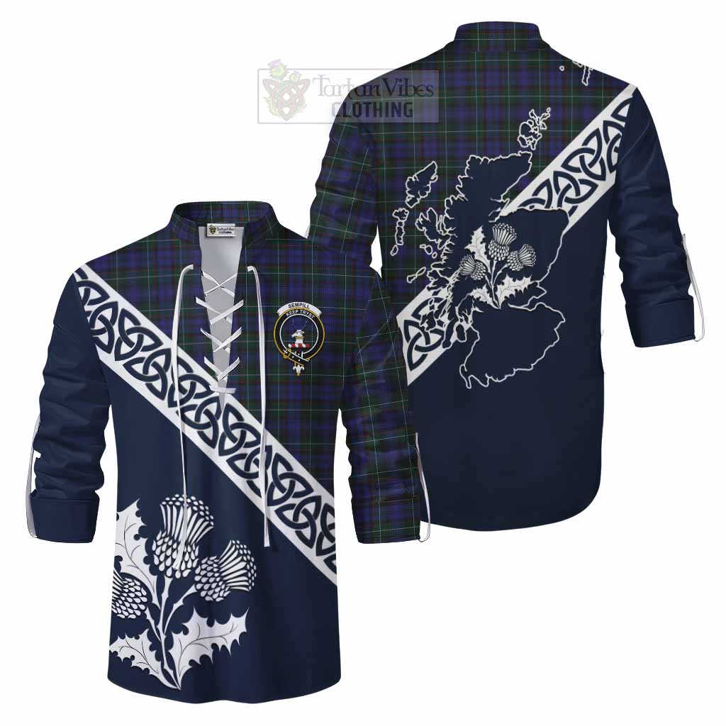 Tartan Vibes Clothing Sempill (Semple) Tartan Ghillie Kilt Shirt Featuring Thistle and Scotland Map