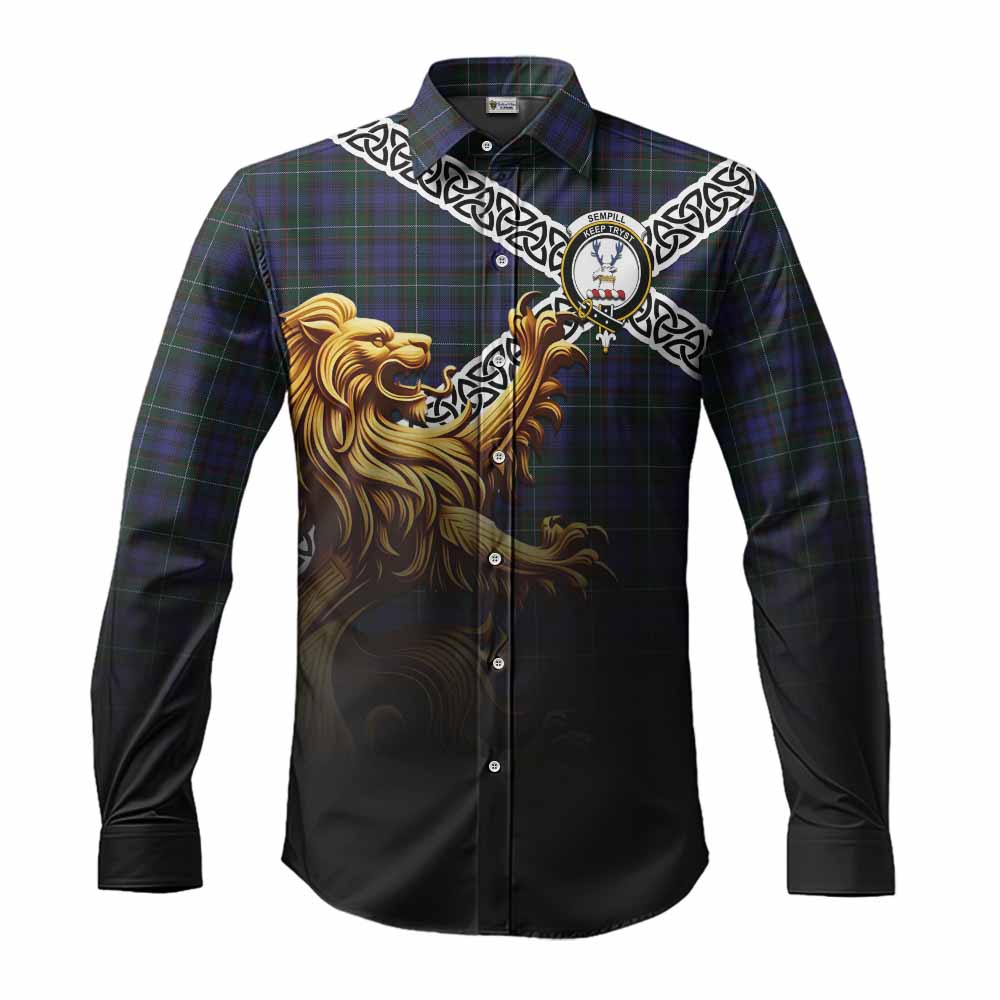 Tartan Vibes Clothing Sempill (Semple) Crest Tartan Long Sleeve Button Shirt with Golden Lion Emblem Celtic Style