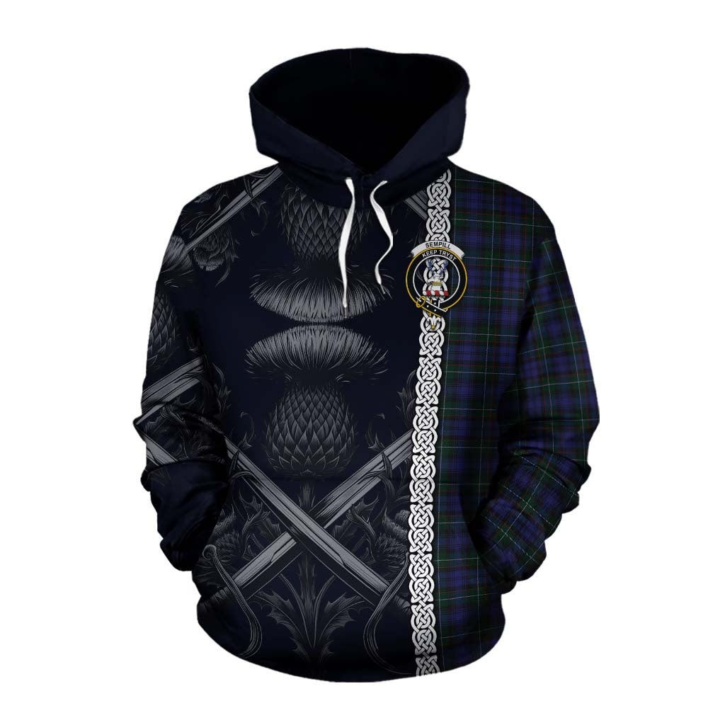 Tartan Vibes Clothing Sempill (Semple) Tartan Cotton Hoodie with Family Crest Cross Sword Thistle Celtic Vibes