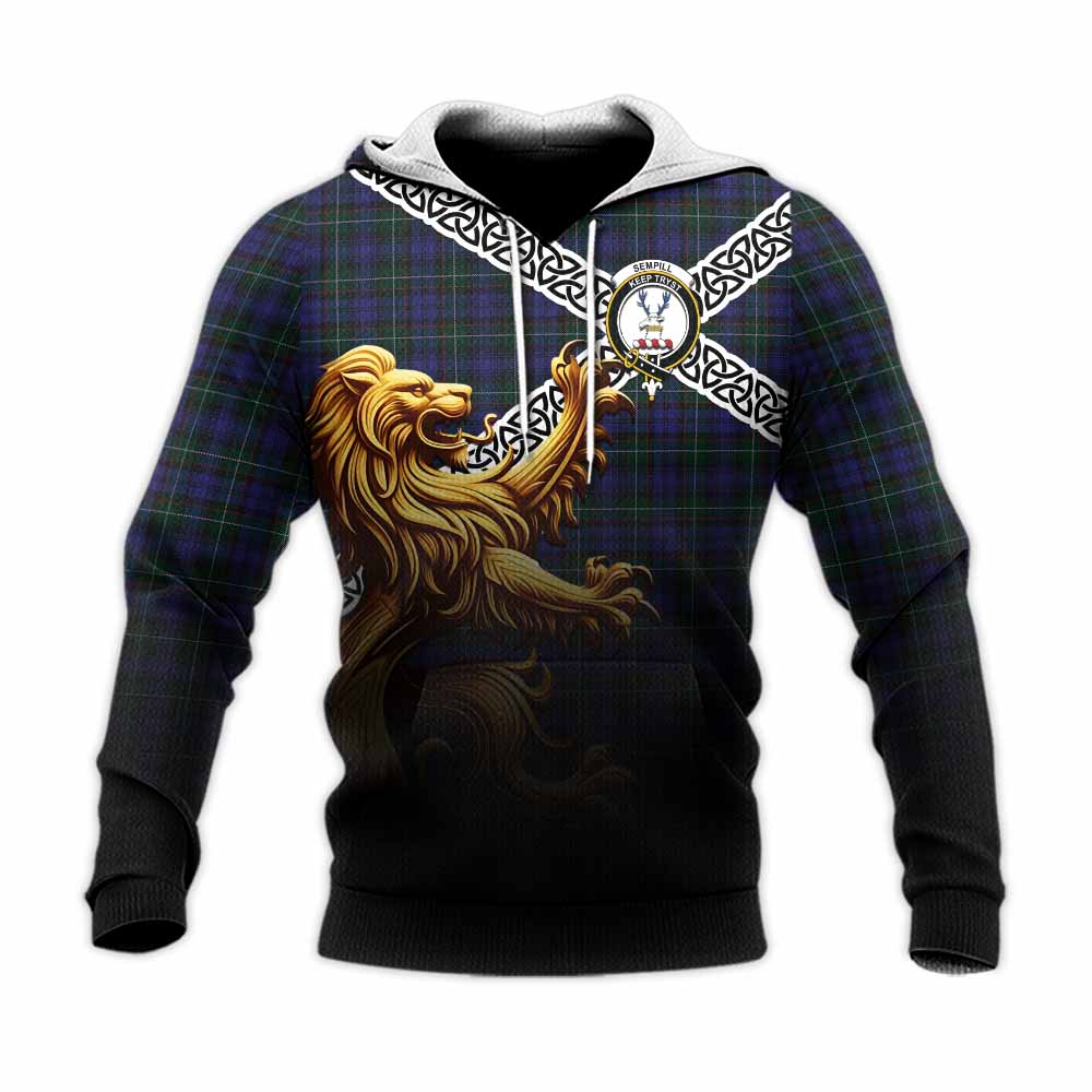 Tartan Vibes Clothing Sempill (Semple) Crest Tartan Knitted Hoodie with Golden Lion Emblem Celtic Style