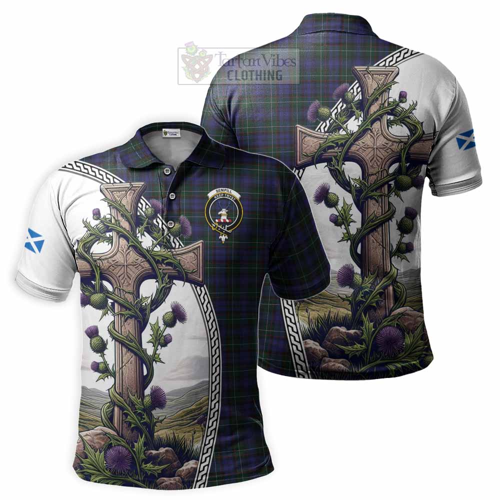 Tartan Vibes Clothing Sempill (Semple) Tartan Polo Shirt with Family Crest and St. Andrew's Cross Accented by Thistle Vines