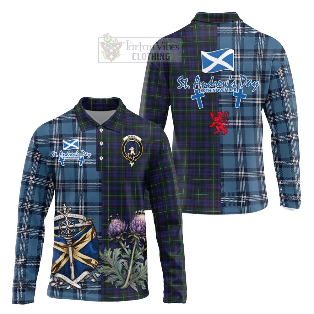 Tartan Vibes Clothing Sempill (Semple) Tartan Long Sleeve Polo Shirt Happy St. Andrew's Day Half Tartan Style