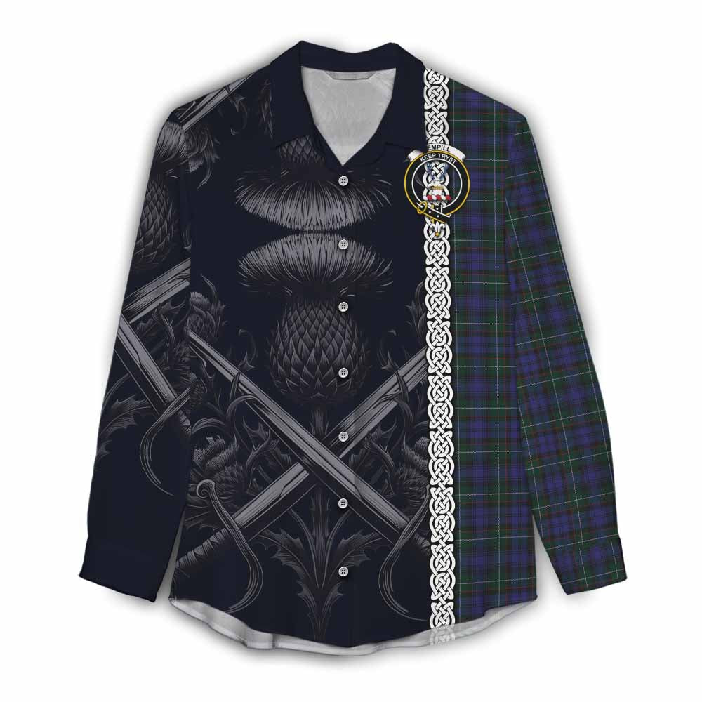 Tartan Vibes Clothing Sempill (Semple) Tartan Women's Casual Shirt with Family Crest Cross Sword Thistle Celtic Vibes