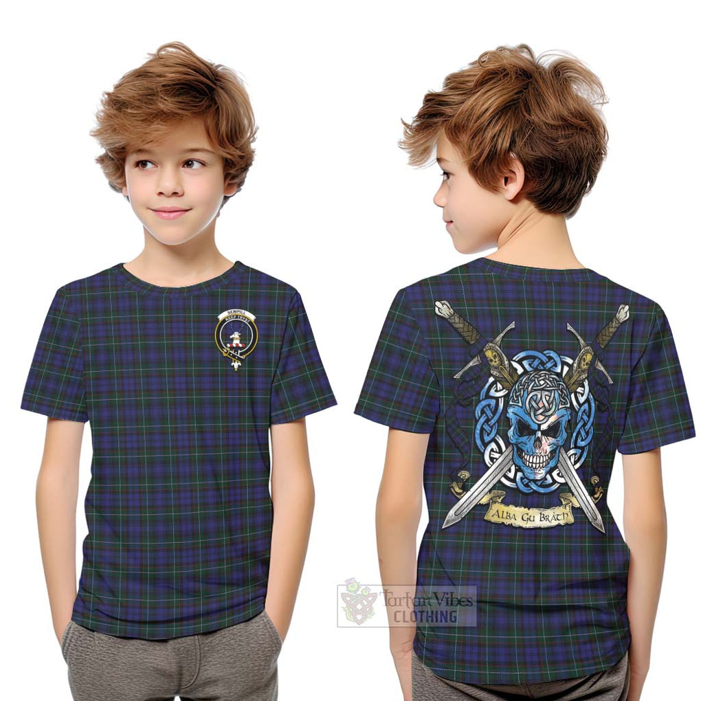 Tartan Vibes Clothing Sempill (Semple) Tartan Kid T-Shirt with Family Crest Celtic Skull Style
