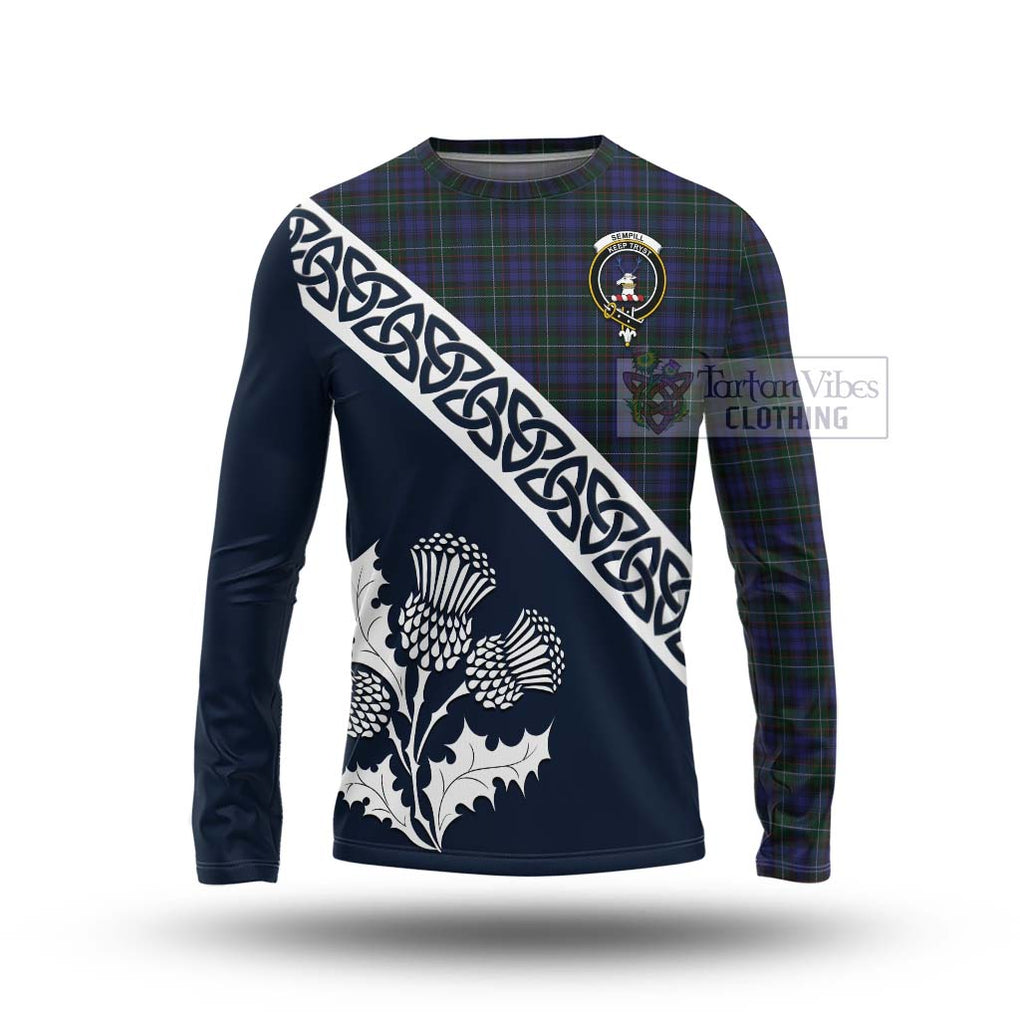 Tartan Vibes Clothing Sempill (Semple) Tartan Long Sleeve T-Shirt Featuring Thistle and Scotland Map