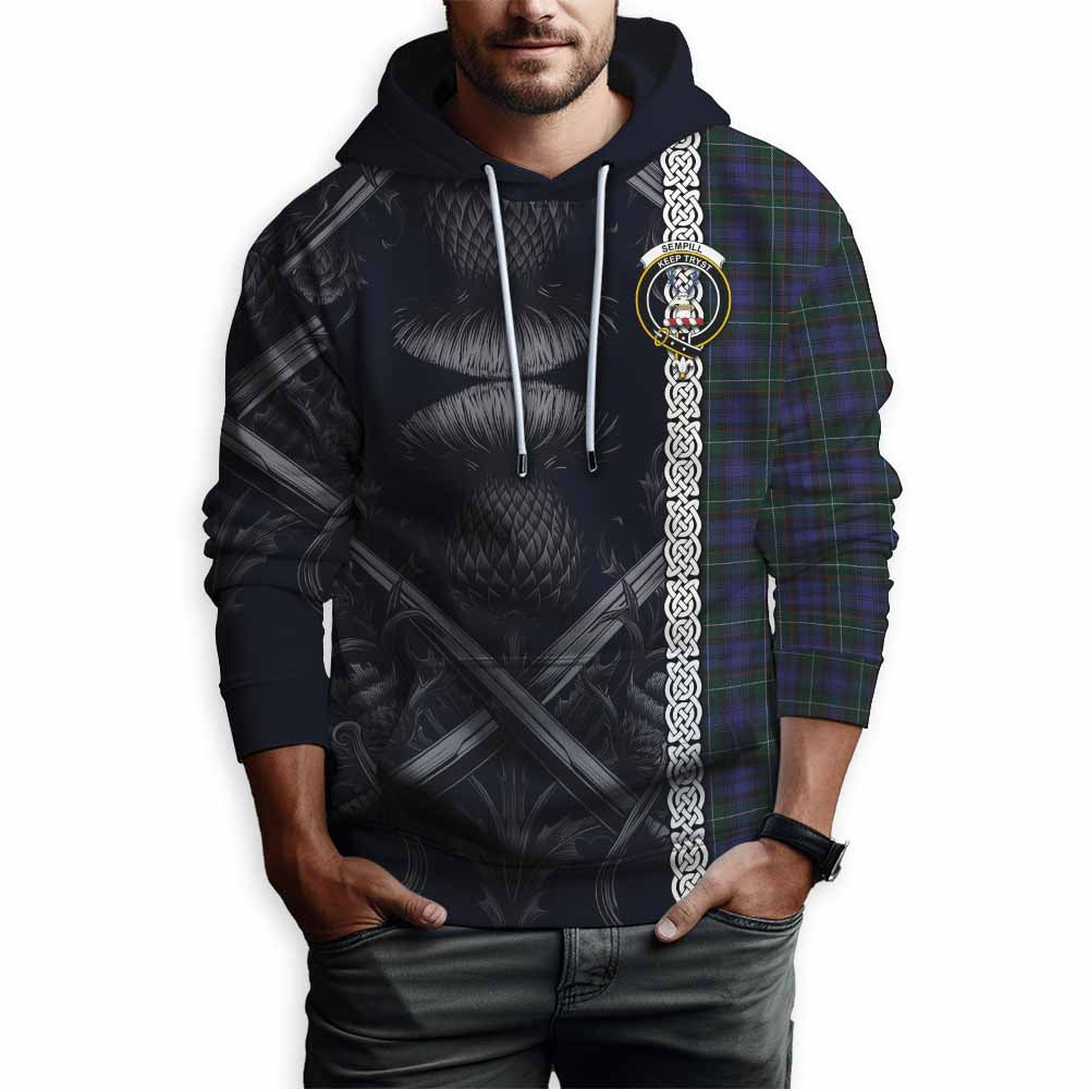 Tartan Vibes Clothing Sempill (Semple) Tartan Hoodie with Family Crest Cross Sword Thistle Celtic Vibes