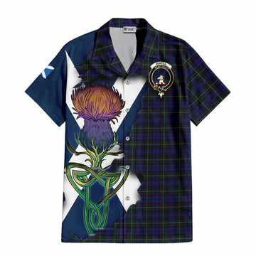 Tartan Vibes Clothing Sempill (Semple) Tartan Family Crest Short Sleeve Button Shirt Scottish Thistle Celtic Inspired