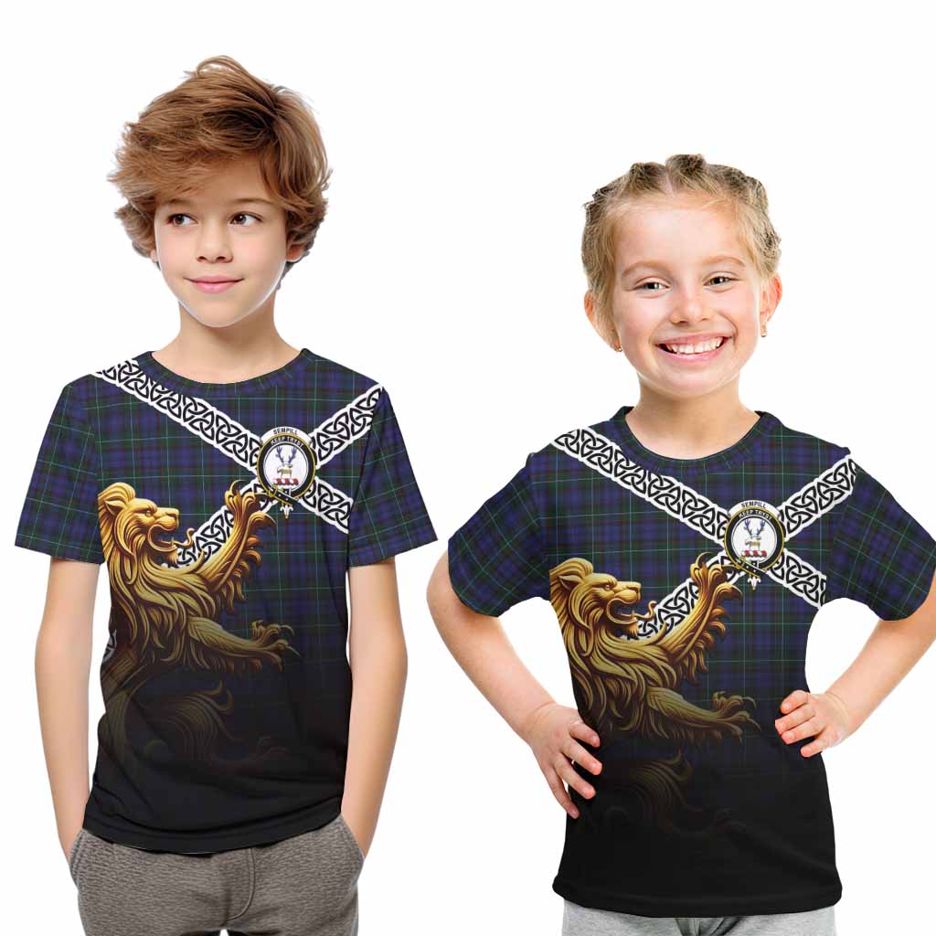 Tartan Vibes Clothing Sempill (Semple) Crest Tartan Kid T-Shirt with Golden Lion Emblem Celtic Style