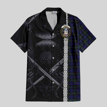 Tartan Vibes Clothing Sempill (Semple) Tartan Short Sleeve Button Shirt with Family Crest Cross Sword Thistle Celtic Vibes