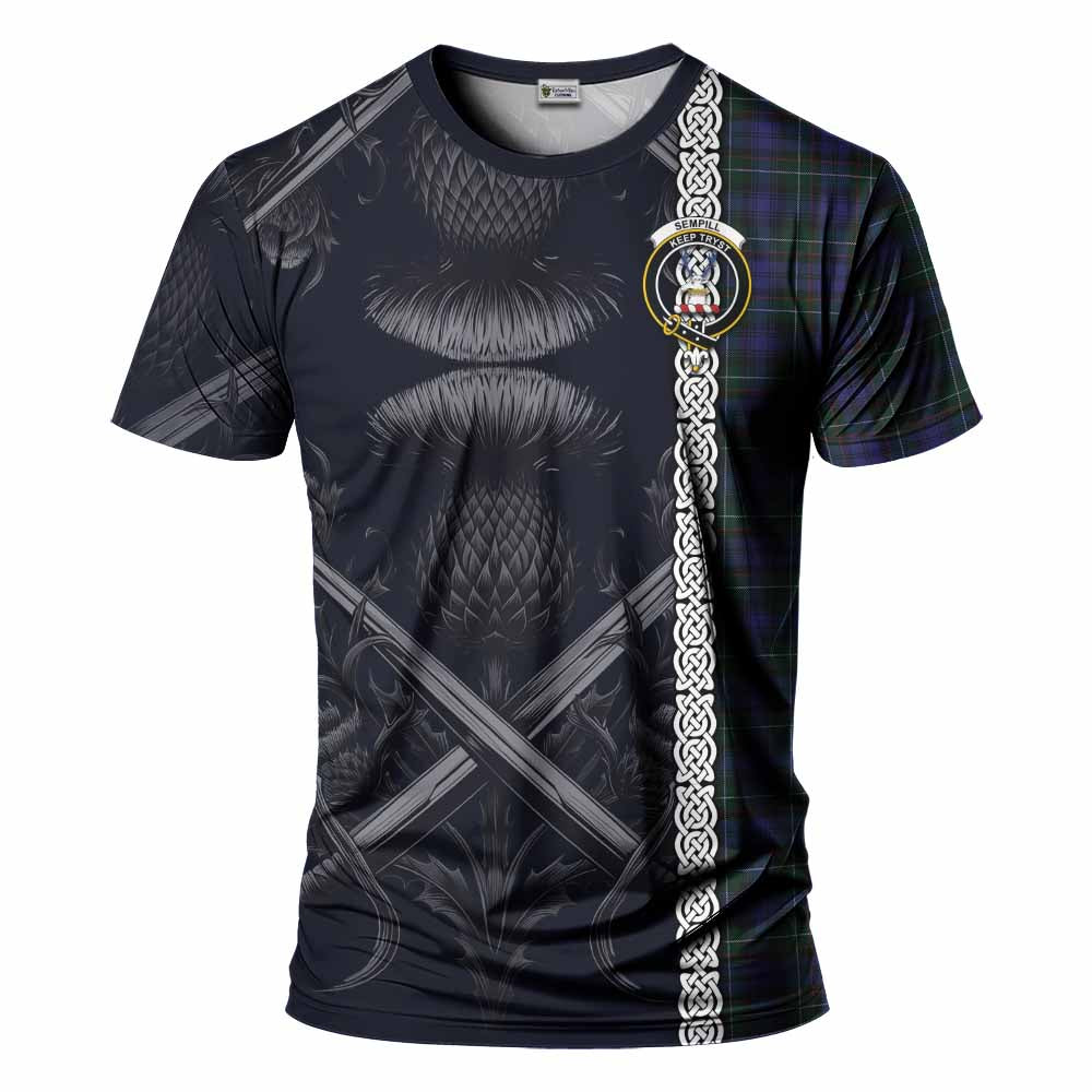 Tartan Vibes Clothing Sempill (Semple) Tartan T-Shirt with Family Crest Cross Sword Thistle Celtic Vibes