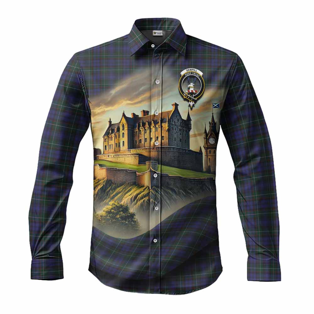 Tartan Vibes Clothing Sempill (Semple) Tartan Family Crest Long Sleeve Button Shirt with Scottish Ancient Castle Style