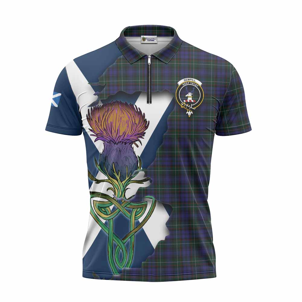 Tartan Vibes Clothing Sempill (Semple) Tartan Family Crest Zipper Polo Shirt Scottish Thistle Celtic Inspired