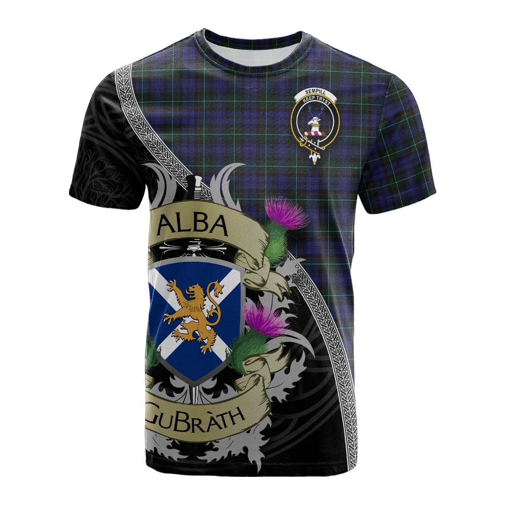 Tartan Vibes Clothing Sempill (Semple) Tartan Family Crest Cotton T-shirt Lion Rampant Royal Thistle Shield Celtic Inspired
