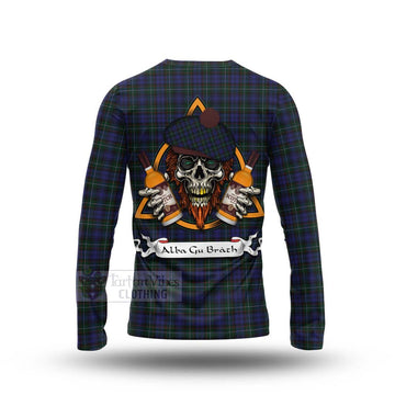 Tartan Vibes Clothing Sempill (Semple) Tartan Long Sleeve T-Shirt with Family Crest and Bearded Skull Holding Bottles of Whiskey