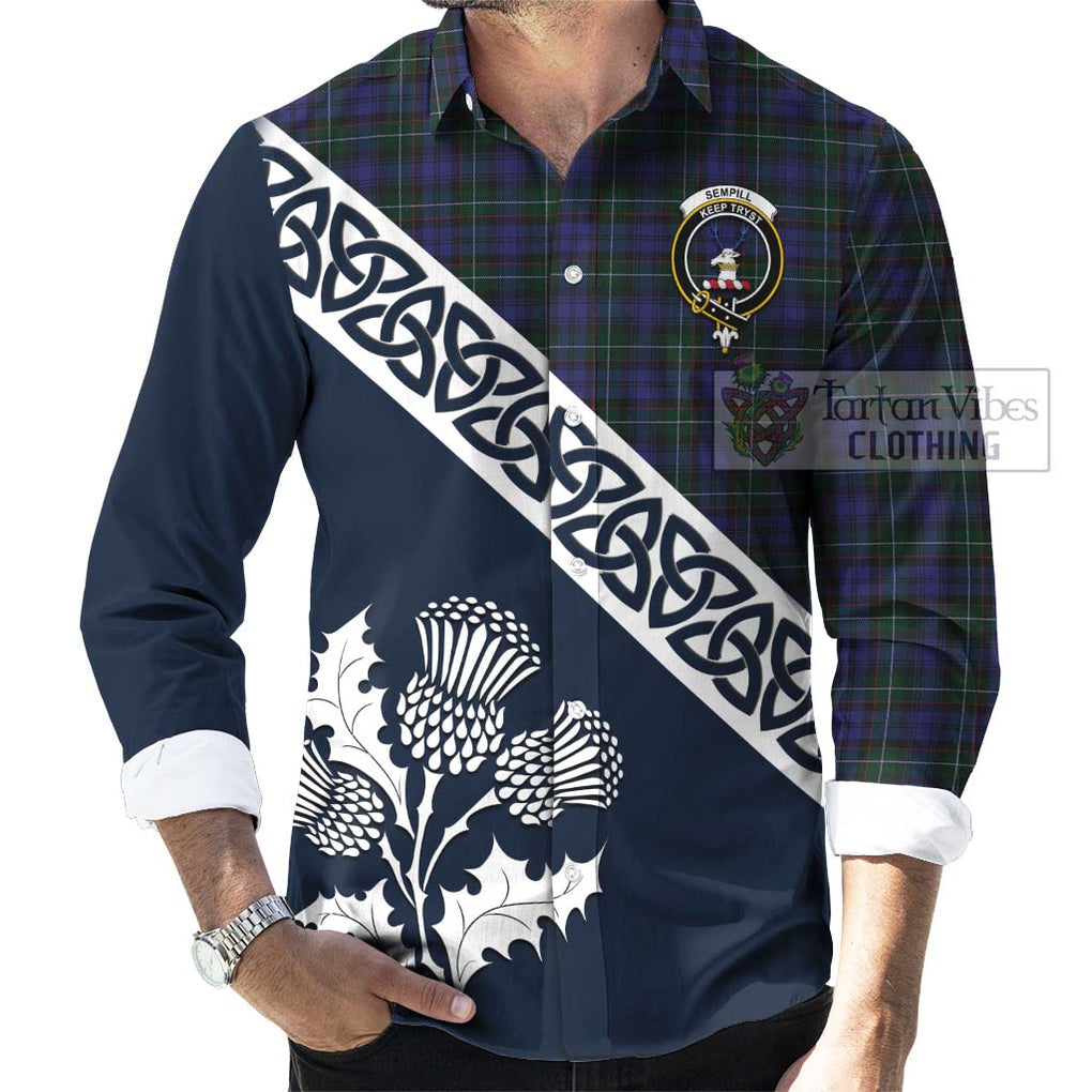 Tartan Vibes Clothing Sempill (Semple) Tartan Long Sleeve Button Shirt Featuring Thistle and Scotland Map