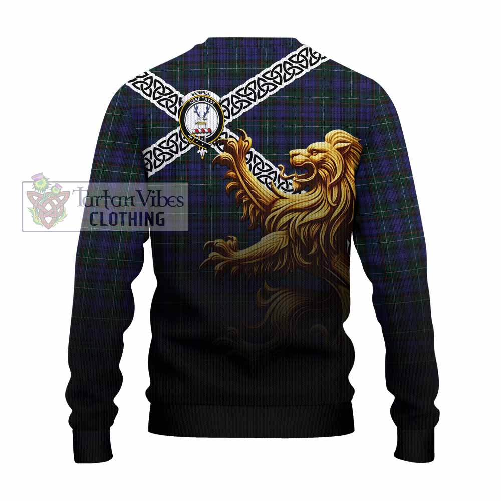 Tartan Vibes Clothing Sempill (Semple) Crest Tartan Knitted Sweater with Golden Lion Emblem Celtic Style