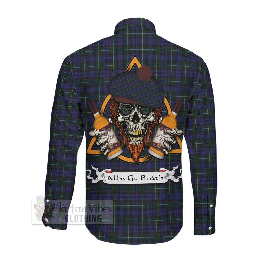 Tartan Vibes Clothing Sempill (Semple) Tartan Long Sleeve Button Shirt with Family Crest and Bearded Skull Holding Bottles of Whiskey