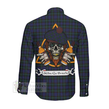 Tartan Vibes Clothing Sempill (Semple) Tartan Long Sleeve Button Shirt with Family Crest and Bearded Skull Holding Bottles of Whiskey
