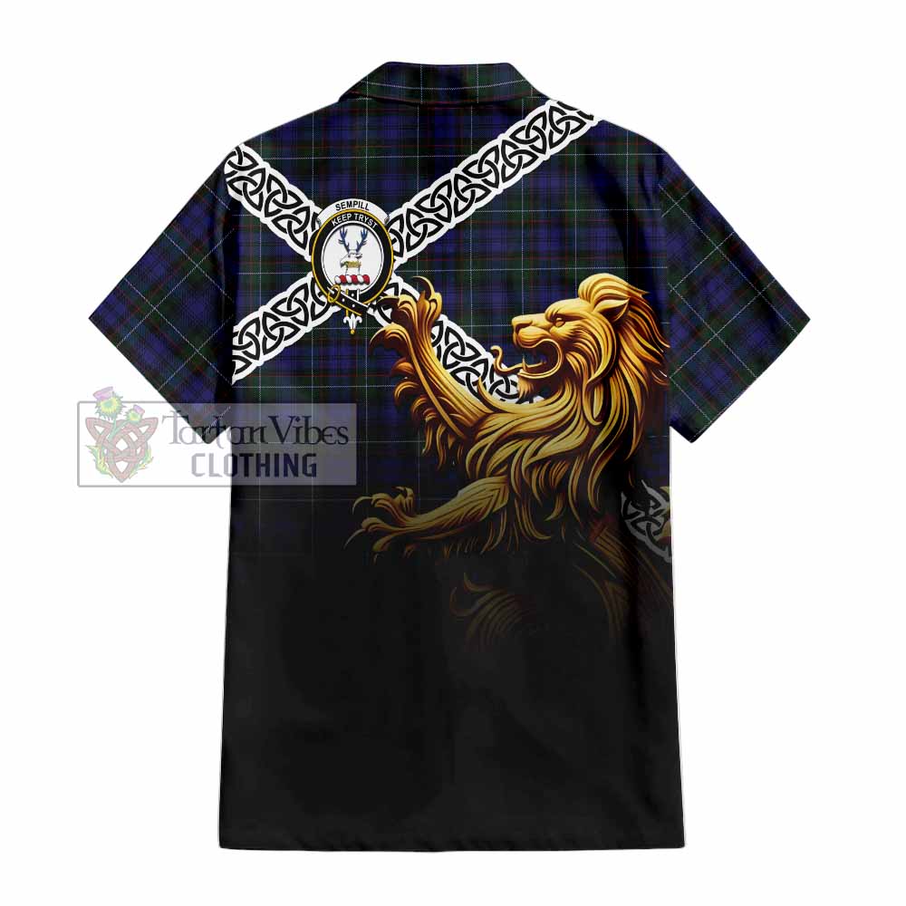 Tartan Vibes Clothing Sempill (Semple) Crest Tartan Short Sleeve Button Shirt with Golden Lion Emblem Celtic Style