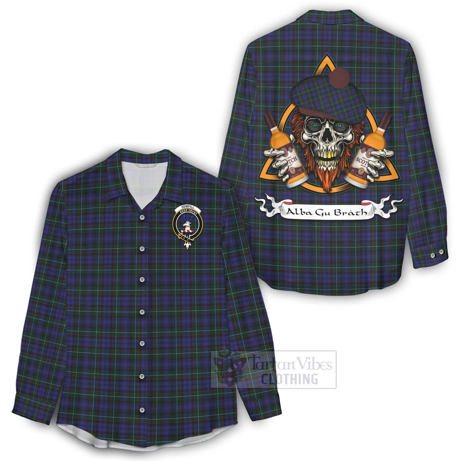 Tartan Vibes Clothing Sempill (Semple) Tartan Women's Casual Shirt with Family Crest and Bearded Skull Holding Bottles of Whiskey