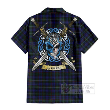 Tartan Vibes Clothing Sempill (Semple) Tartan Short Sleeve Button Shirt with Family Crest Celtic Skull Style