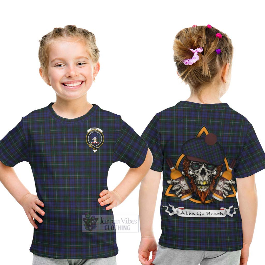 Tartan Vibes Clothing Sempill (Semple) Tartan Kid T-Shirt with Family Crest and Bearded Skull Holding Bottles of Whiskey