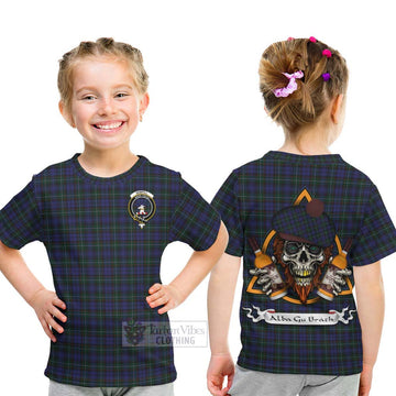 Tartan Vibes Clothing Sempill (Semple) Tartan Kid T-Shirt with Family Crest and Bearded Skull Holding Bottles of Whiskey