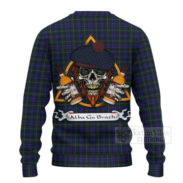 Tartan Vibes Clothing Sempill (Semple) Tartan Knitted Sweater with Family Crest and Bearded Skull Holding Bottles of Whiskey