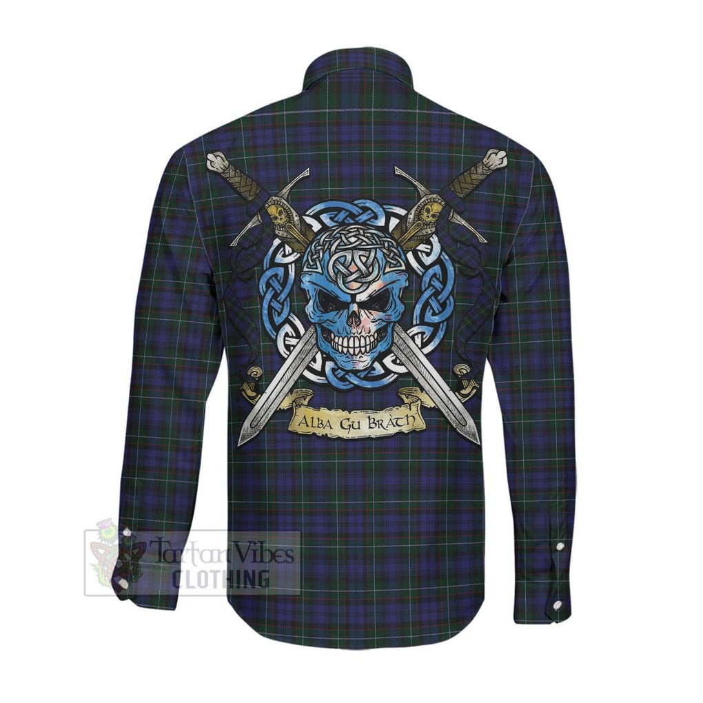 Tartan Vibes Clothing Sempill (Semple) Tartan Long Sleeve Button Shirt with Family Crest Celtic Skull Style