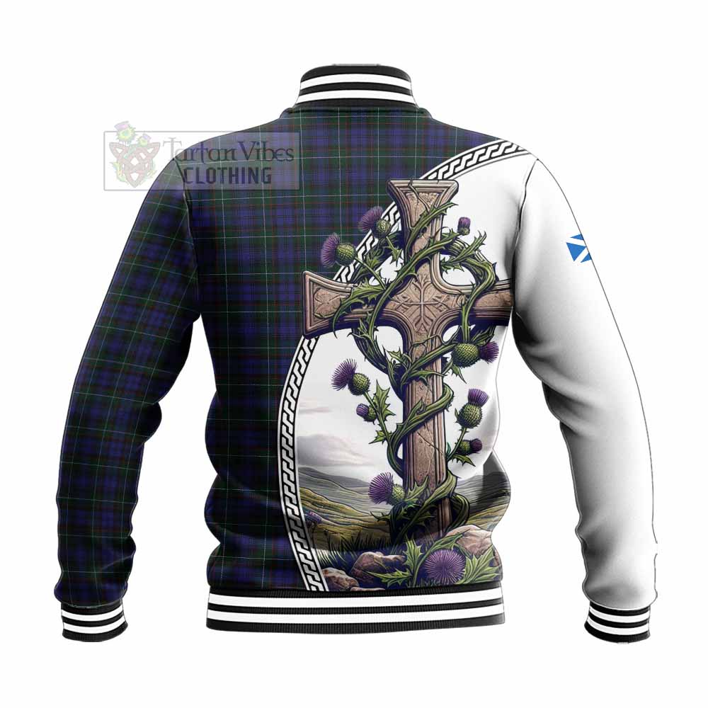 Sempill (Semple) Tartan Baseball Jacket with Family Crest and St. Andrew's Cross Accented by Thistle Vines - Tartan Vibes Clothing