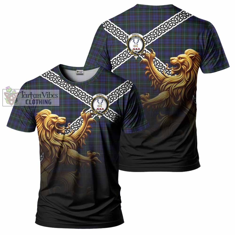 Tartan Vibes Clothing Sempill (Semple) Crest Tartan T-Shirt with Golden Lion Emblem Celtic Style