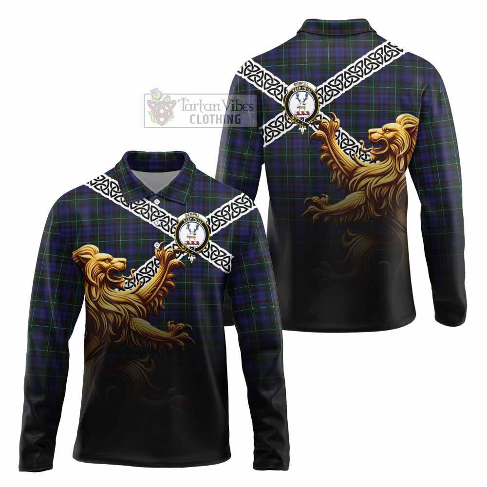Tartan Vibes Clothing Sempill (Semple) Crest Tartan Long Sleeve Polo Shirt with Golden Lion Emblem Celtic Style