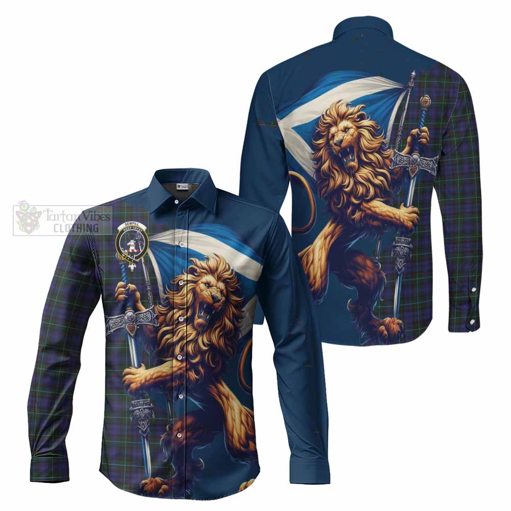 Tartan Vibes Clothing Sempill (Semple) Tartan Family Crest Long Sleeve Button Shirt with Scottish Majestic Lion