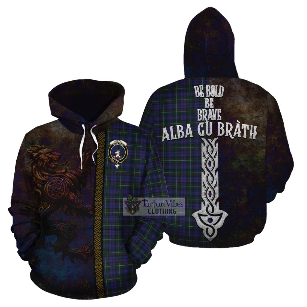 Tartan Vibes Clothing Sempill (Semple) Tartan Family Crest Cotton Hoodie Alba Gu Brath Be Brave Lion Ancient Style