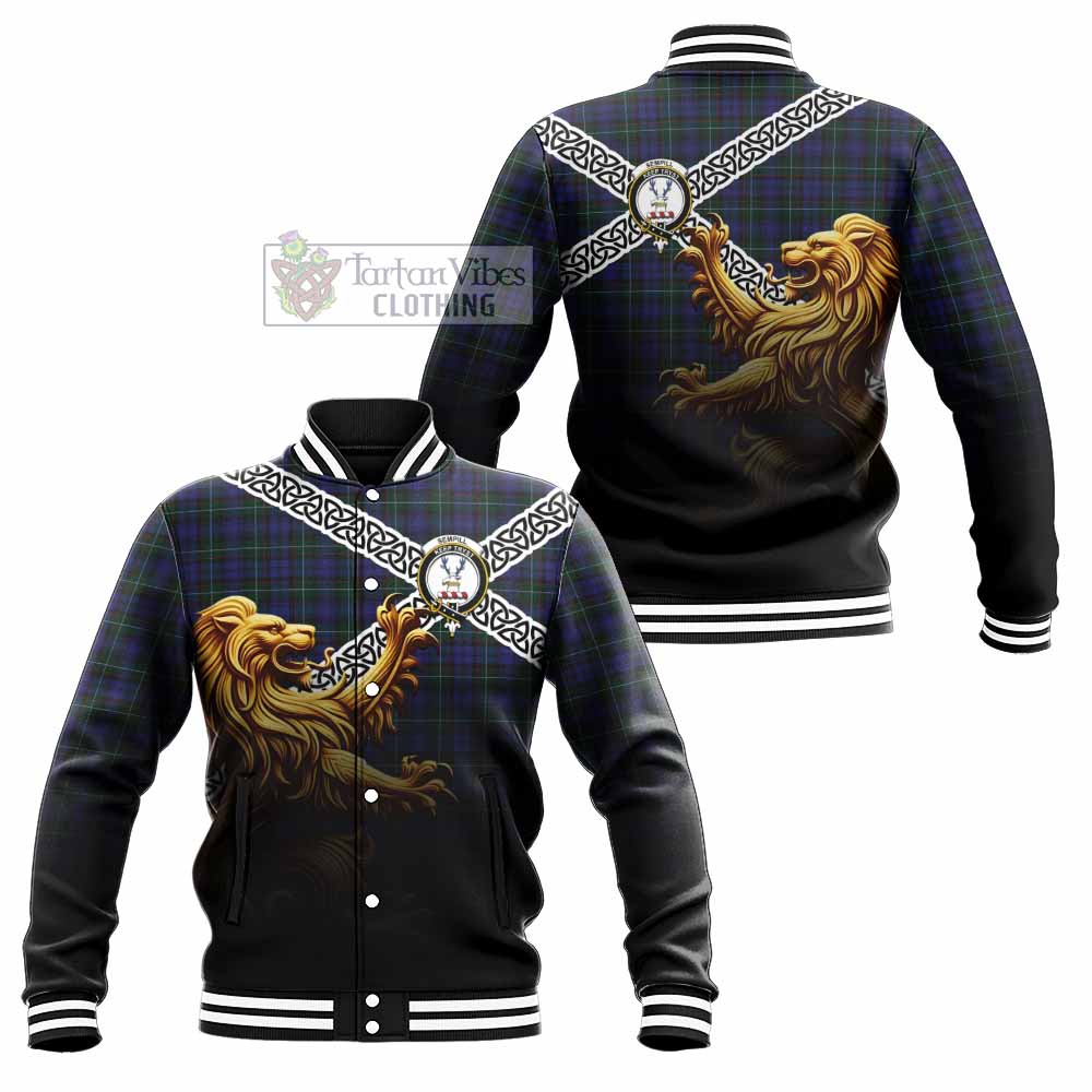 Tartan Vibes Clothing Sempill (Semple) Crest Tartan Baseball Jacket with Golden Lion Emblem Celtic Style