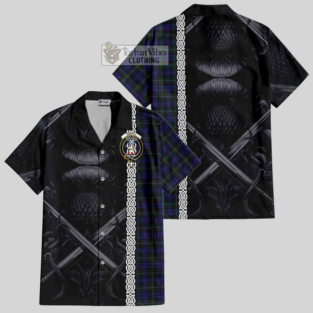 Tartan Vibes Clothing Sempill (Semple) Tartan Short Sleeve Button Shirt with Family Crest Cross Sword Thistle Celtic Vibes