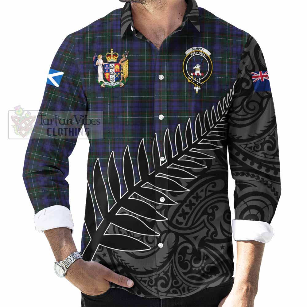 Tartan Vibes Clothing Sempill (Semple) Crest Tartan Long Sleeve Button Shirt with New Zealand Silver Fern Half Style
