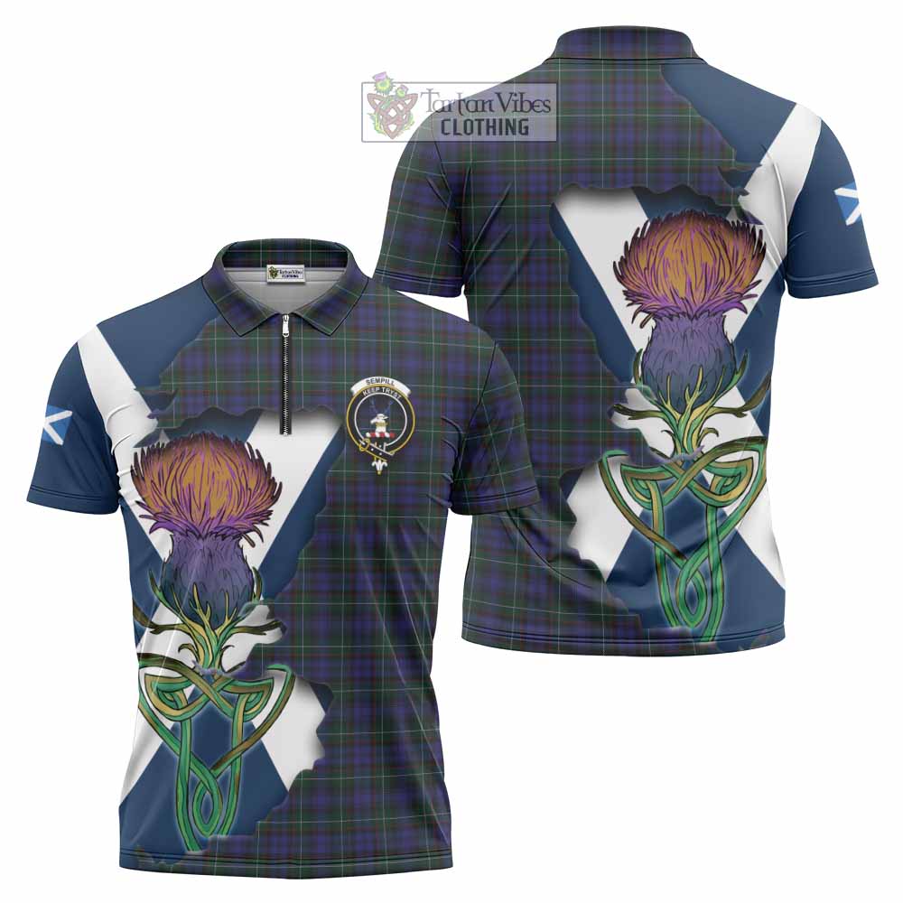 Tartan Vibes Clothing Sempill (Semple) Tartan Family Crest Zipper Polo Shirt Scottish Thistle Celtic Inspired