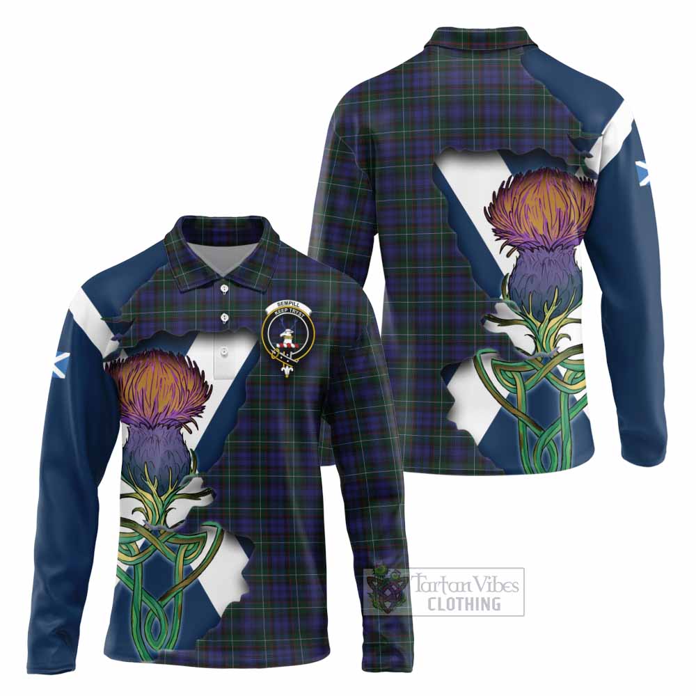 Tartan Vibes Clothing Sempill (Semple) Tartan Family Crest Long Sleeve Polo Shirt Scottish Thistle Celtic Inspired