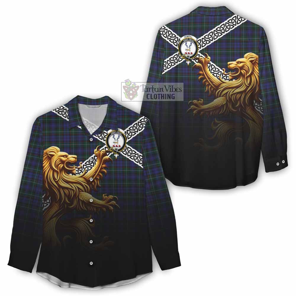 Tartan Vibes Clothing Sempill (Semple) Crest Tartan Women's Casual Shirt with Golden Lion Emblem Celtic Style