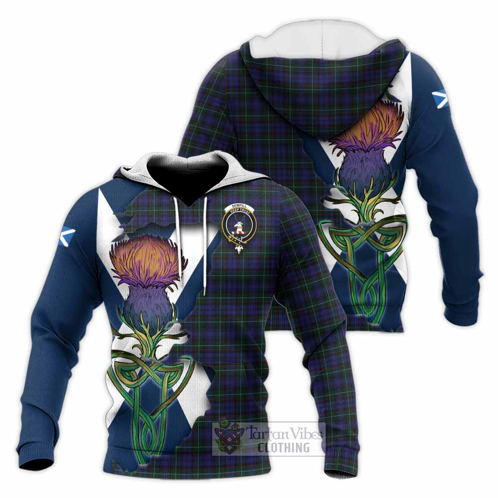 Tartan Vibes Clothing Sempill (Semple) Tartan Family Crest Knitted Hoodie Scottish Thistle Celtic Inspired