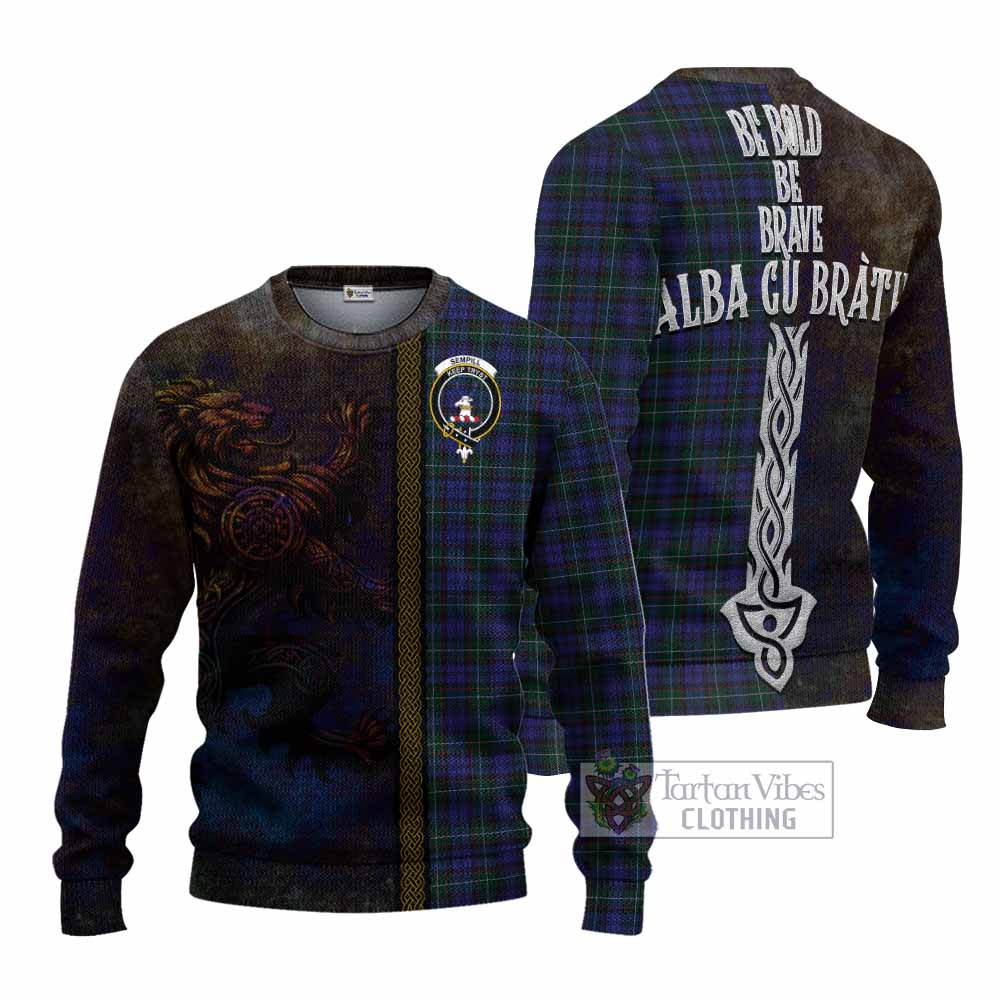 Tartan Vibes Clothing Sempill (Semple) Tartan Family Crest Knitted Sweater Alba Gu Brath Be Brave Lion Ancient Style