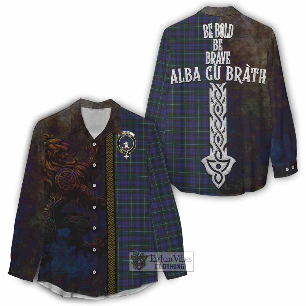 Tartan Vibes Clothing Sempill (Semple) Tartan Family Crest Women's Casual Shirt Alba Gu Brath Be Brave Lion Ancient Style