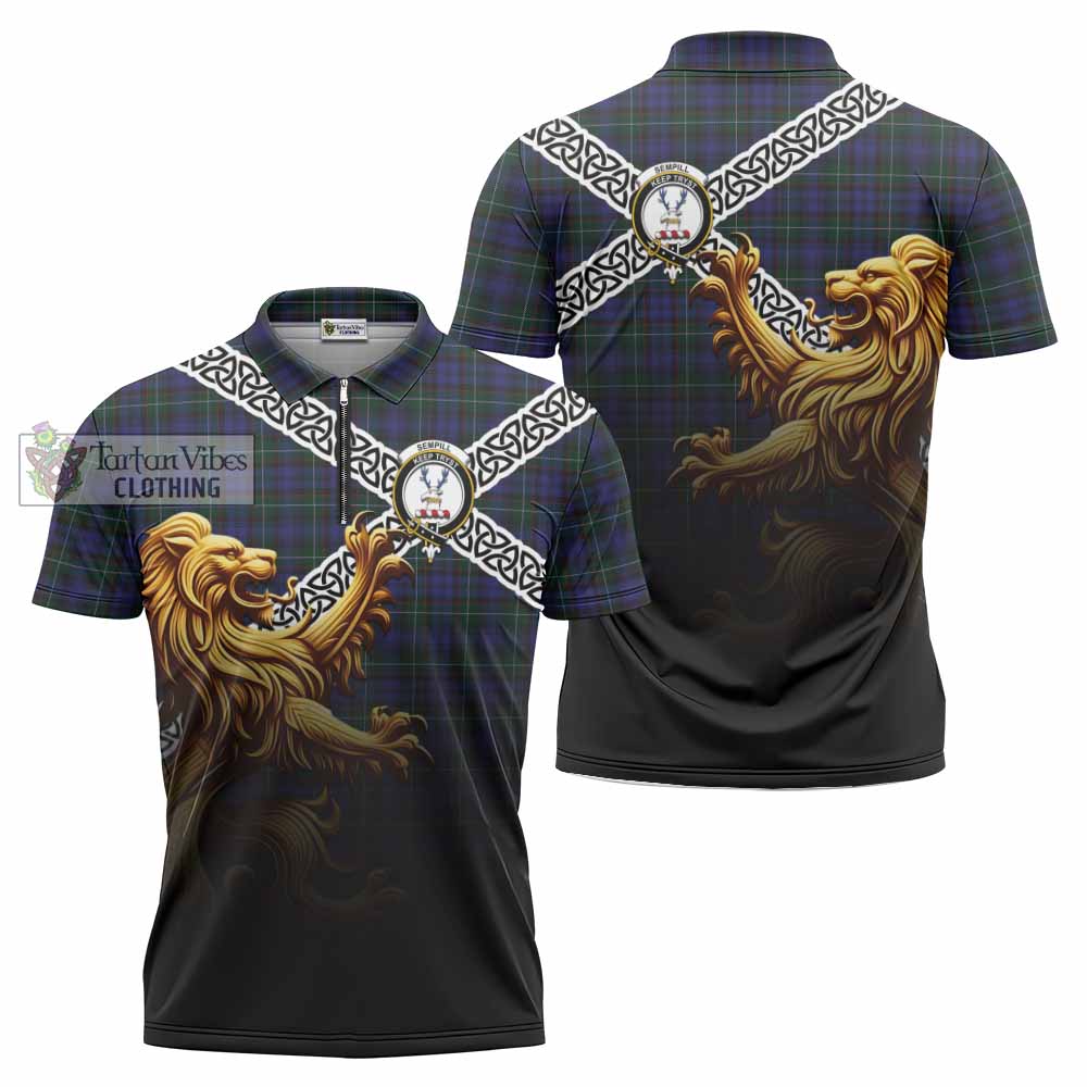 Tartan Vibes Clothing Sempill (Semple) Crest Tartan Zipper Polo Shirt with Golden Lion Emblem Celtic Style